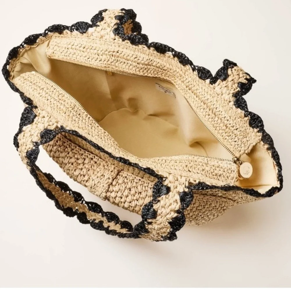 kate spade Natural Raffia Tote with Black Scalloped Trim